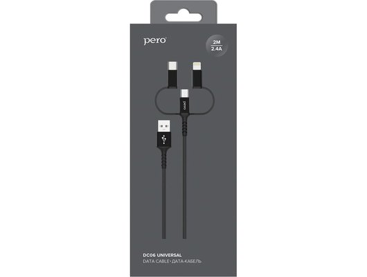 Кабель PERO DC-06 2А 2м универсальный 3 в 1 (Lightning/micro USB/Type-C) черный